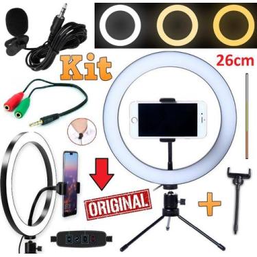 Imagem de Kit Youtuber Microfone Lapela Iluminador Ring Light Luz Anel Led 26cm 