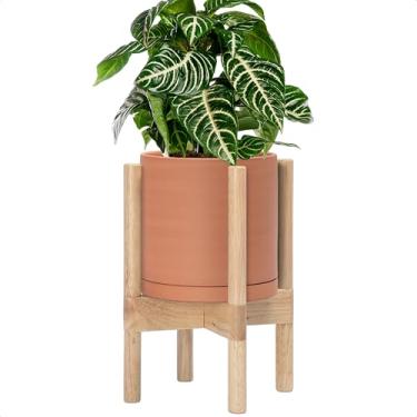 Imagem de D'vine Dev Vaso de terracota com suporte natural - Vaso de flores redondo moderno de 20 cm com suporte de plantador de madeira, terracota, 55-B-N-5