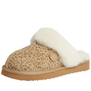 Imagem de Fireside by Dearfoams Pantufa feminina Fireside Sydney Shearling Fur para uso interno/externo com larguras largas, Leopardo, 9.5 Wide