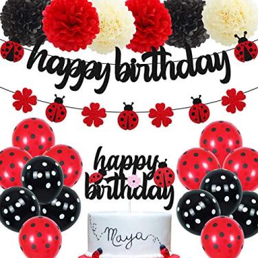 Imagem de Decorações de Aniversário Ladybug Banner de Joaninha Happy Birthday Topper de Bolo Joaninha Vermelho Látex Balão Pompom Flores para Tema de Joaninha Artigos de Festa Bday