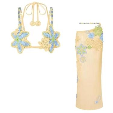 Imagem de Earthradius Conjunto de saia feminina com espartilhos de malha de crochê, flores coloridas, vazado, costas nuas, colete cropped top midi saia feminina (A, M)