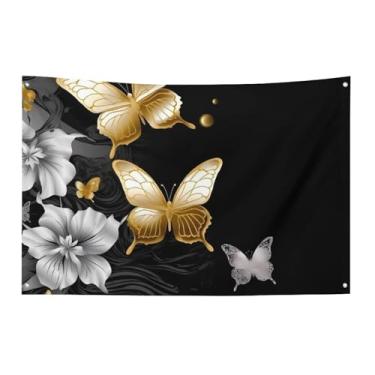 Imagem de Bandeira preta de borboletas brancas douradas 119 x 178 cm, sem desbotamento, bandeira de boas-vindas, jardim, quintal, bandeira, decoração de casa, decoração de casa
