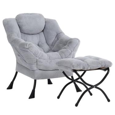 Imagem de Givjoy Cadeira preguiçosa de pelúcia e otomana, grande poltrona contemporânea com apoios de braços e um bolso lateral, poltrona de leitura de sofá estofada de lazer moderna com apoio para os pés para