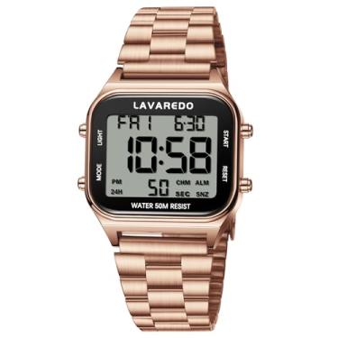 Imagem de VTAIGE Relógios digitais masculinos, relógios de pulso masculinos de aço inoxidável, quadrados, à prova d'água, com tela frontal grande de LED, hora dupla, data, alarme/cronômetro/contagem regressiva