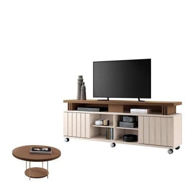 Imagem de Rack Bancada Rivera Com Mesa De Centro Sky Off White Castanho – Hb Móveis