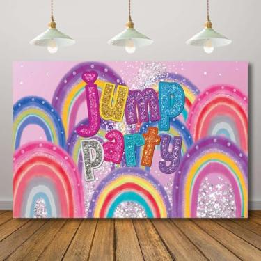 Imagem de Rcoaror Pano de fundo rosa Let's Jump Party Gymnastics Rainbow Birthday Background Girls Gymnasts Tumbling Flip Decors Silver Tumble and Play Teens Photography Photo Banner Favors 71 x 47 polegadas