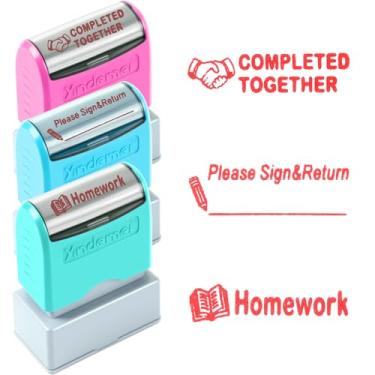 Imagem de MotiMind Conjunto de 3 carimbos de professor para sala de aula com autotinta para professores com dever de casa, por favor, assine e devolva e conclua os materiais escolares para dormitório de volta