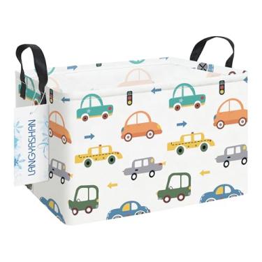 Imagem de LANGYASHAN Cesto de armazenamento retangular dobrável tecido de lona cesta de armazenamento de desenho animado com alças para organizar casa cozinha meninos e meninas brinquedos cesta de prateleira armário de escritório (carros coloridos recreativos)
