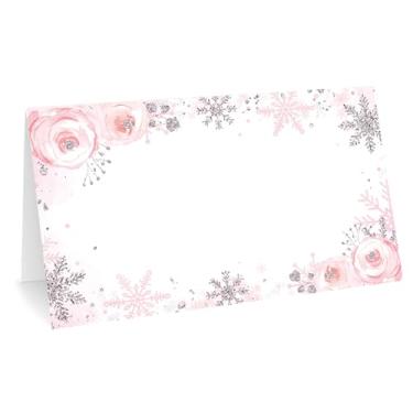 Imagem de Whaline 100 cartões de lugar de inverno 12 x 7 cm rosa floral floco de neve cartões de nome de barraca de floco de neve cartões de etiqueta de atribuição de assento em branco para decoração de mesa de