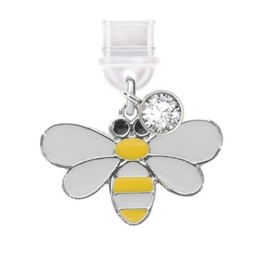 Imagem de ELISE & FONDA TP803 Tipo-C porta de carregamento cristal antipoeira pingente de celular Little Dragonfly para iPhone 15/16/Samsung/OnePlus/Xiaomi/oppo telefones Android (branco e amarelo)