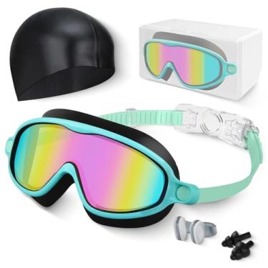 Imagem de Óculos de natação para crianças, antiembaciamento, proteção UV e ampla visão de natação e touca de natação para crianças de 3 a 15 anos