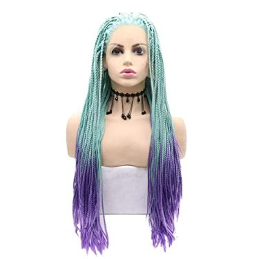 Imagem de Peruca trançada roxa verde para mulheres negras, ombré verde menta para roxo lace frontal trançado peruca sintética pré-arrancada peruca trançada totalmente feita à mão peruca trançada fibra resistente ao calor perucas de maquiagem cosplay 61 cm (24, verde para roxo)