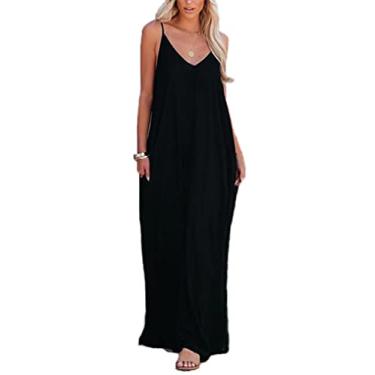 Imagem de Poetsky Vestido feminino casual com alças e gola V, sem mangas, bolsos soltos, longo, maxi vestido de praia, A - Preto, XXG