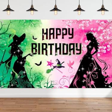 Imagem de Pano de fundo de aniversário rosa e verde, decorações de festa de aniversário malvadas, tema de bruxa, faixa de feliz aniversário, cenário fotográfico para princesas, meninas, meninos, mulheres