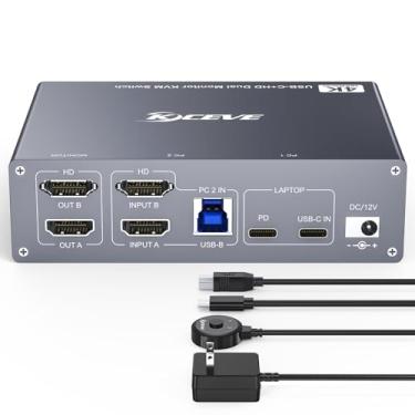 Imagem de Interruptor USB C HDMI KVM para 1 desktop + 1 laptop, switch KVM de monitor duplo 4K a 60Hz suporta PD com cabo USB C, controlador com fio e adaptador de energia