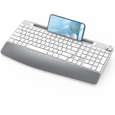 Imagem de JOYACCESS Teclado ergonômico sem fio, USB sem fio de 2,4 GHz, teclado de tamanho completo com descanso de pulso, design silencioso e teclado numérico, suporte de telefone para desktop, laptop, PC, Mac