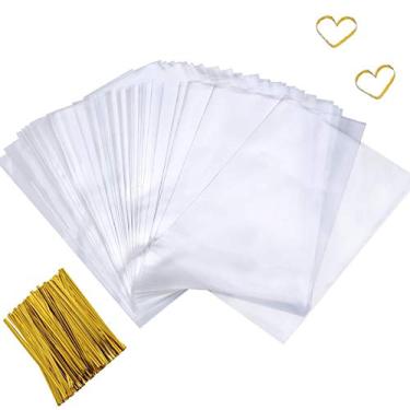 Imagem de Enenes Saco de guloseimas para violoncelo, 200 peças de sacolas de brindes de celofane, bolsa de lembrancinha de festa, sacos de doces transparentes, metálico com laços torcidos para presente