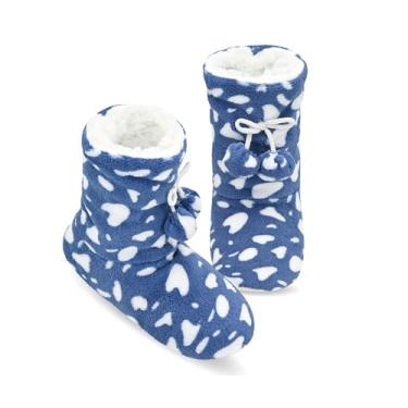 Imagem de Keyela Pantufas femininas com solas, macias e macias, antiderrapantes para mulheres, chinelos felpudos de inverno, Estampa azul, 5-7.5