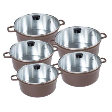 Imagem de Jogo de Panelas 5 Peças Cava em Alumínio Fundido Vermelho 16 a 24cm Tampa de Vidro Temperado Cor Chocolate