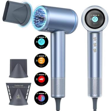 Imagem de Secador de cabelo, secador de cabelo iônico negativo de alta velocidade de 150.000 RPM com visor LCD, 4 temperaturas e 3 velocidades e 2 bicos magnéticos para salão de beleza feminino e infantil