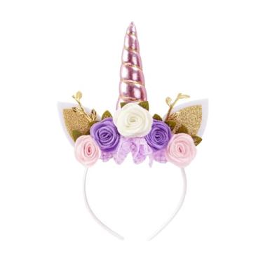 Imagem de Nishine Tiara de unicórnio, flores não tecidas, orelhas de gato, cabeça de pônei, chifres com glitter, para cosplay, artigos de festa de unicórnio (rosa)