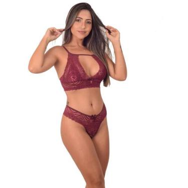 Imagem de Conjunto vip lingerie renda top cropped e calcinha, P, Rubro