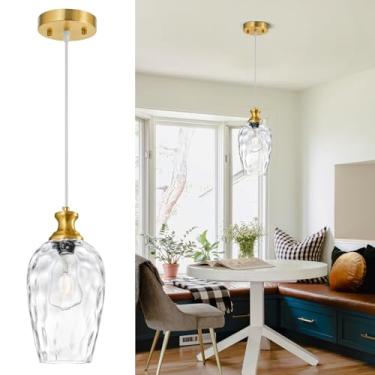 Imagem de LBSQJ Luzes pendentes de vidro cozinha ilha 1 pacote 15 cm transparente vidro martelado luz pingente de cozinha dourado iluminação sobre pia quarto moderno sala de jantar luminária pendurada