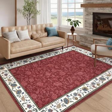 Imagem de GlowSol Tapete de área 20 x 25 cm lavável para sala de estar antiderrapante, tapete floral de borda, revestimento de piso macio e resistente a manchas, tapetes impressos neutros de pilha baixa para
