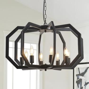 Imagem de Lanhall Lustre de casa de fazenda com 8 luzes pretas para sala de jantar, geométrico, moderno, rústico, pendente para sala de estar, ilha de cozinha, hall de entrada, corredor, escada