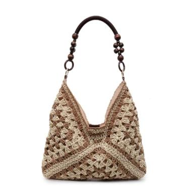 Imagem de OANEXX Bolsas Hobo de palha de verão para mulheres, boho, malha tecida, praia, bolsa de ombro para férias de crochê de grande capacidade, Cáqui profundo