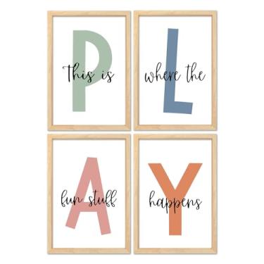 Imagem de Surfapans Decoração de parede de sala de jogos de berçário 40,6 cm × 28,7 cm Conjunto de 4 This Is Where The Fun Stuff Happens placa emoldurada de madeira para quarto de crianças (madeira)
