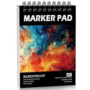Imagem de Bloco de papel marcador de 60 folhas, bloco de esboço de papel marcador de álcool A5 (14,7 x 21 cm), bloco de esboço espiral pesado de 54,4 kg/200 g/m², papel de desenho para colorir para crianças