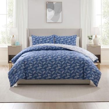 Imagem de Nestl Conjunto de edredom tamanho casal – cama azul ardósia em uma bolsa, conjunto de cama reversível, 3 peças, conjunto de cama floral macio, edredom botânico para todas as estações com fronhas