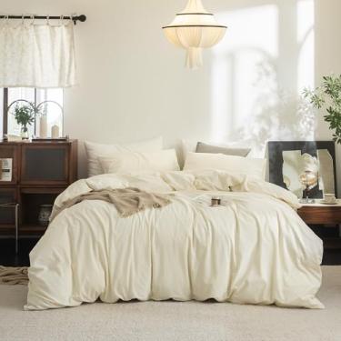 Imagem de FOSSA Conjunto de capa de edredom 100% algodão lavado e linho, super macio, respirável, aconchegante, 3 peças, creme sólido, branco, California King