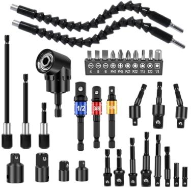 Imagem de Conjunto de extensão de broca flexível de 34 peças, incluindo fixadores de broca de ângulo reto de 105°, soquete de junta rotativa, adaptador de soquete sextavado de 1/4 3/8 1/2 pol, kit de chave de