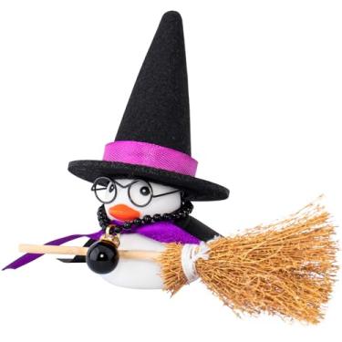 Imagem de wonuu Decoração de pato de borracha, ornamentos de carro, acessórios de decoração de painel de carro de pato com chapéu mágico, colar de vassoura e óculos de sol, branco