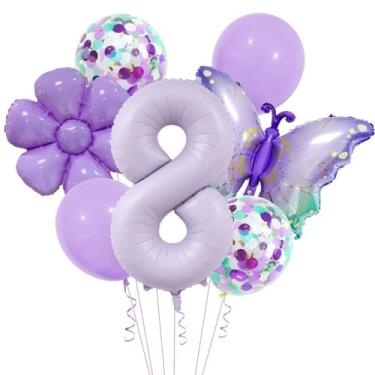 Imagem de Decorações roxas de aniversário de 8 anos para meninas, conjunto de balões roxo cremoso número 8 de 101,6 cm, suprimentos de decoração de festa de borboleta de 8 anos (roxo 8)