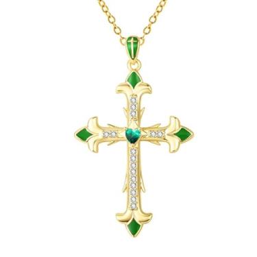 Imagem de CupidGift Colar de cruz para mulheres banhado a ouro 14K 18K delicado redondo colar diário joias batismo fé aniversário Natal presente de aniversário para esposa mãe, 18, Base, Zircônia cúbica