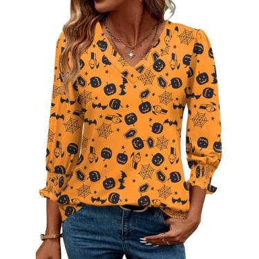 Imagem de Blusa feminina Rapbin de Halloween com decote em V e manga 3/4 GG