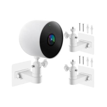 Imagem de Pacote com 2 suportes de parede ajustáveis para Google Nest Cam (bateria, interno/externo) – Suporte de câmera de segurança ajustável de 360°, instalação sem perfuração sem ferramentas, branco