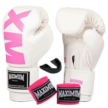 Imagem de Kit Luva De Boxe Muay Thai Maximum MXM Branca e Rosa + Bandagem 3m + Protetor Bucal (10oz)