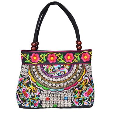 Imagem de Bolsa feminina Hobo floral de lona estilosa casual bolsa de ombro étnica bordada, Moeda vermelha