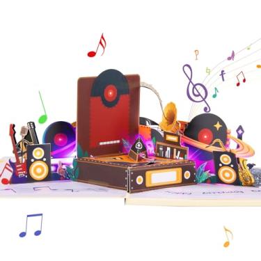 Imagem de DLYMXGC Cartão Pop Up para toca-discos com luz LED, presente de aniversário 3D para adultos e crianças com cartão de notas em branco e envelope, cartões de celebração dobráveis