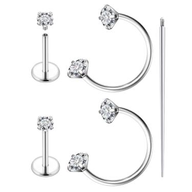 Imagem de Hoeudjo Anel de nariz em ferradura de 18 G, aço cirúrgico, roscado internamente, brincos de nariz com costas planas para mulheres piercing de nariz com gema dupla, tamanho 8 mm, Metal, Zircônia cúbica