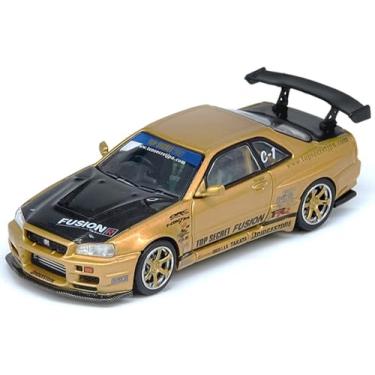 Imagem de Inno Models Skyline GT-R (R34) RHD (Right Hand Drive) Top Secret Gold Metallic with Carbon Hood and Trunk 1/64 Diecast Model Car IN64-R34TS-GOLD