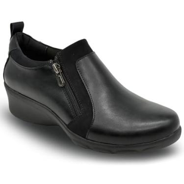 Imagem de Botas femininas confortáveis pretas no tornozelo com zíperes laterais duplos sapatos femininos elegantes casuais negócios trabalho escritório confortável bico redondo acolchoado gola, sola