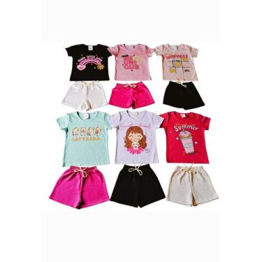 Imagem de kit 12 Peças de Roupas Infantil Feminina 6 Camisetas e 6 Bermudas - Se