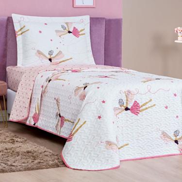 Imagem de Kit Colcha Bailarina Solteiro Tecido Microfibra Dupla Face Quarto Infantil - Branco