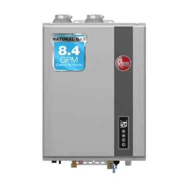 Imagem de Rheem RTGH-84DVLN-3 Aquecedor de água a gás natural sem tanque de condensação de alta eficiência para ambientes internos, 8,4 GPM