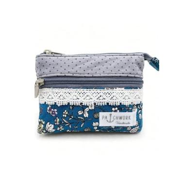 Imagem de Bolsa feminina pequena com zíper, bolsa de moedas bordada com flores de tecido artesanal (etiquetas, corte aleatório de padrões), Azul, Tendência